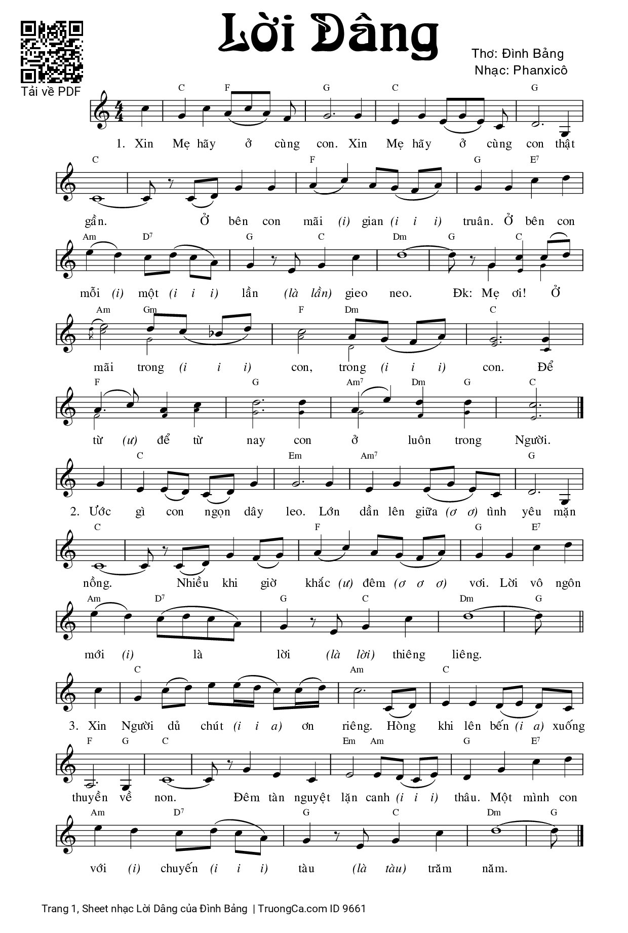 Page 1 of Sheet music PDF Lời Dâng - Đình Bảng