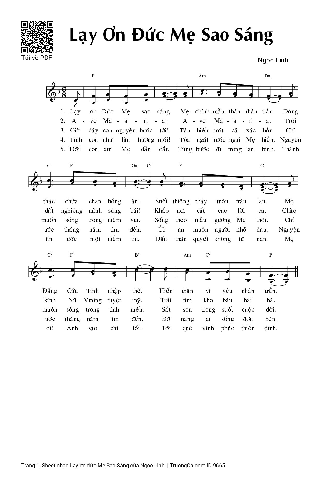 Page 1 of Sheet music PDF Lạy ơn đức Mẹ Sao Sáng - Ngọc Linh