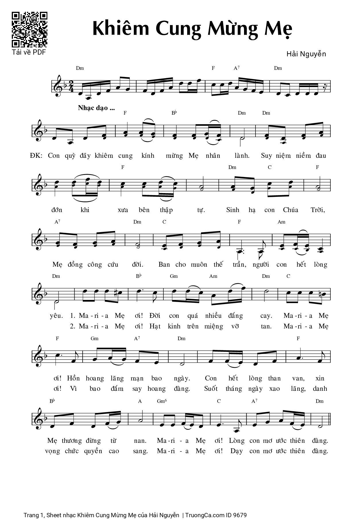 Sheet PDF of Khiêm Cung Mừng Mẹ