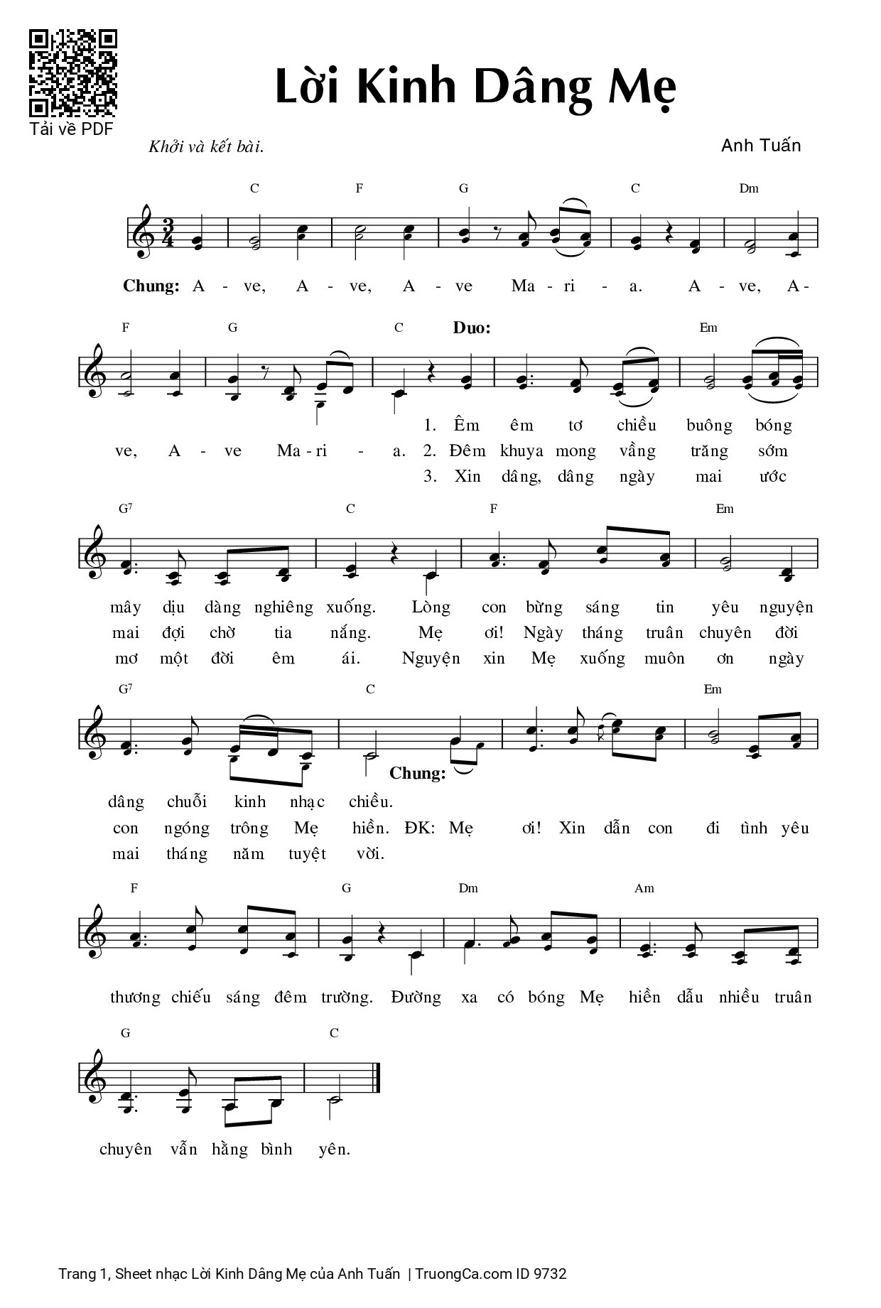 Sheet PDF of Lời Kinh Dâng Mẹ