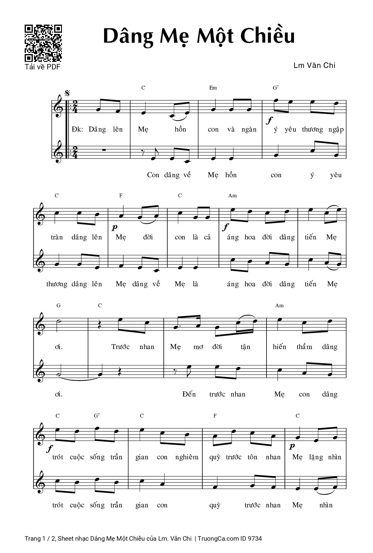 Sheet PDF of Dâng Mẹ Một Chiều
