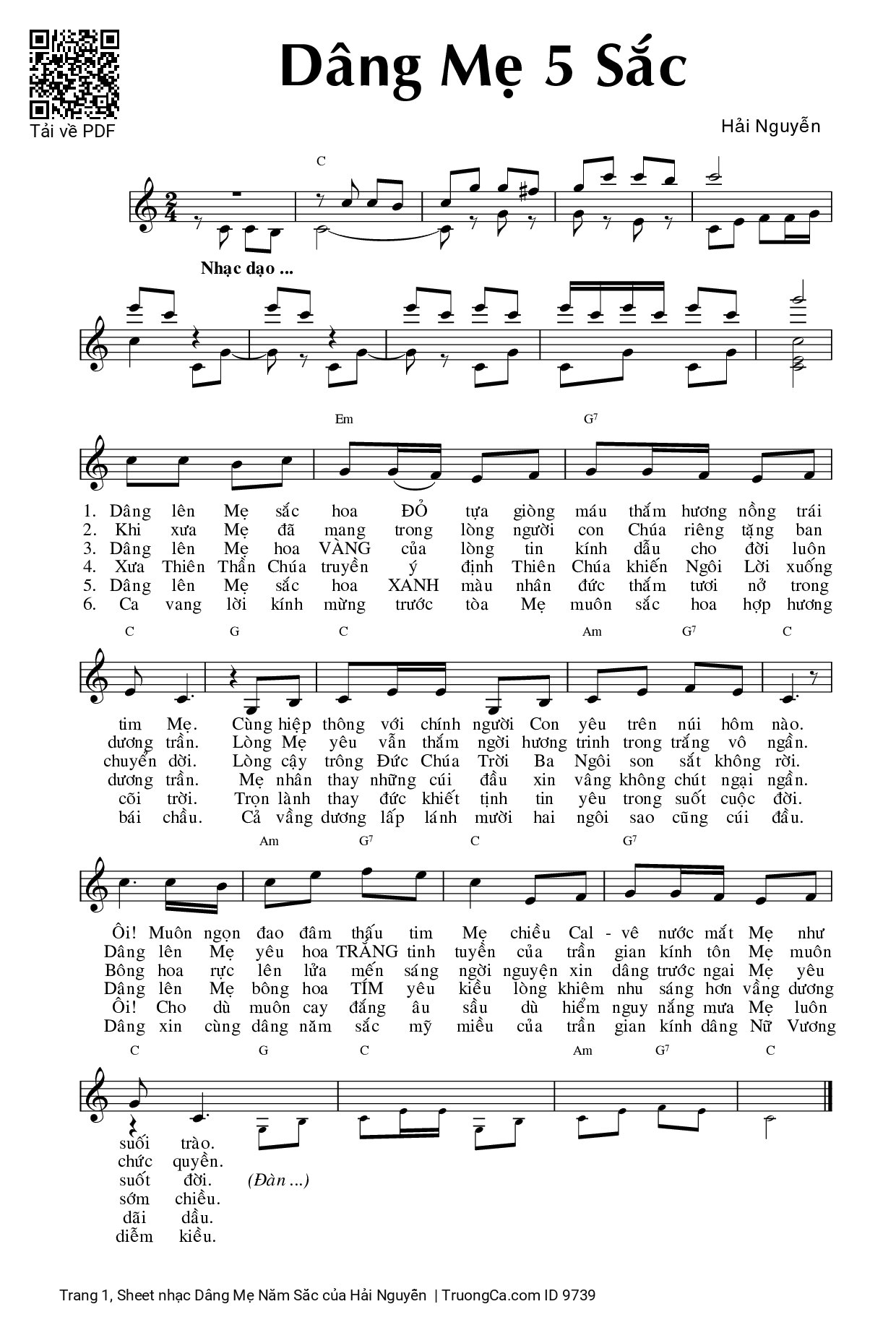 Sheet PDF of Dâng Mẹ Năm Sắc