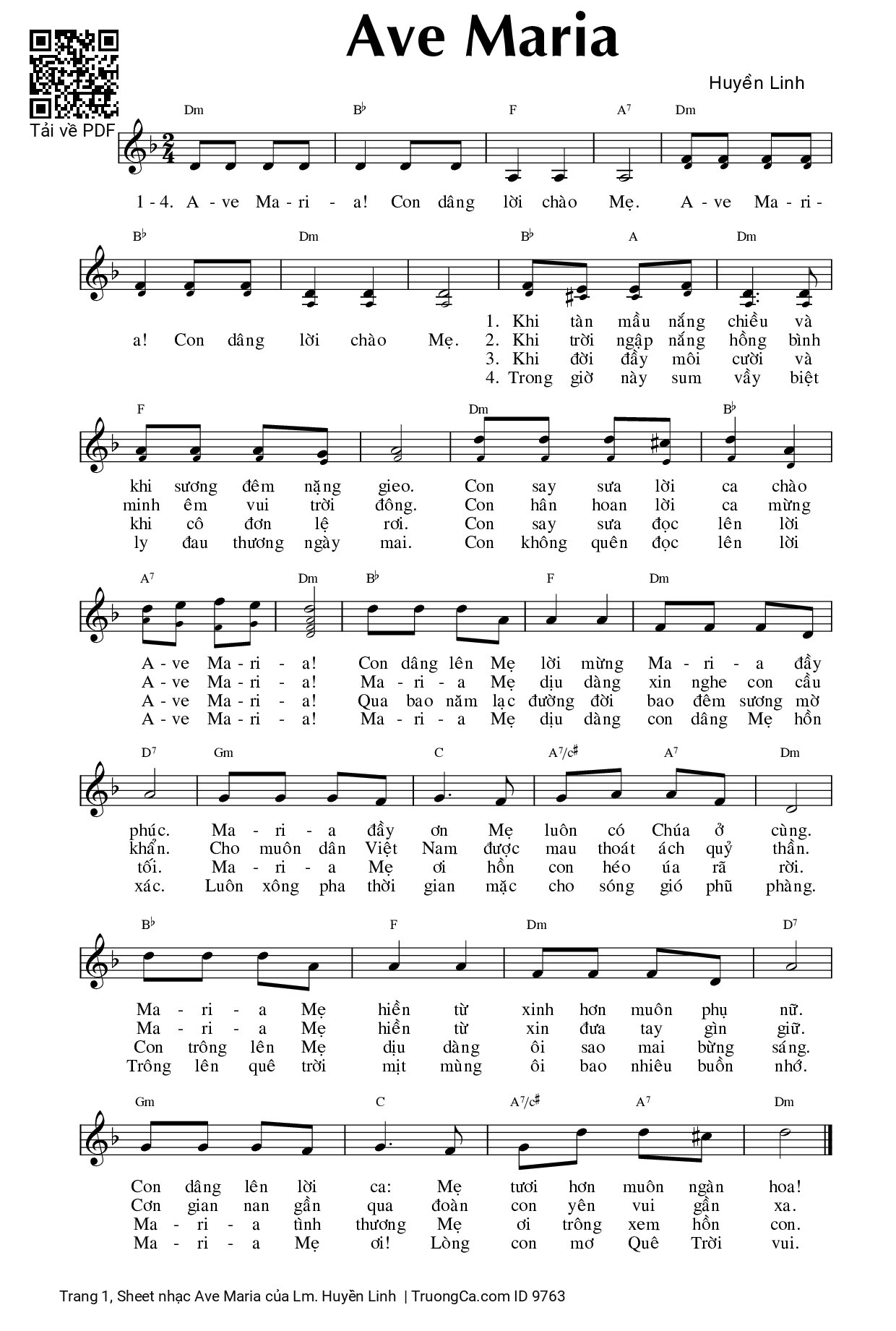 Page 1 of Sheet music PDF Ave Maria - Lm. Huyền Linh