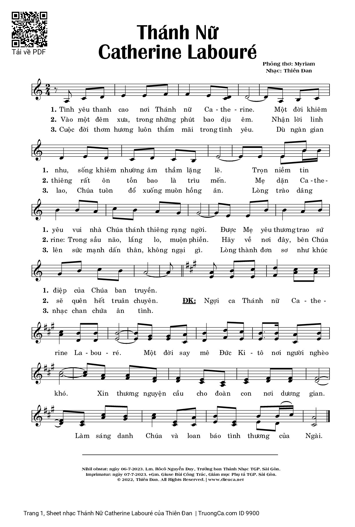 Page 1 of Sheet music PDF Thánh Nữ Catherine Labouré - Thiên Đan