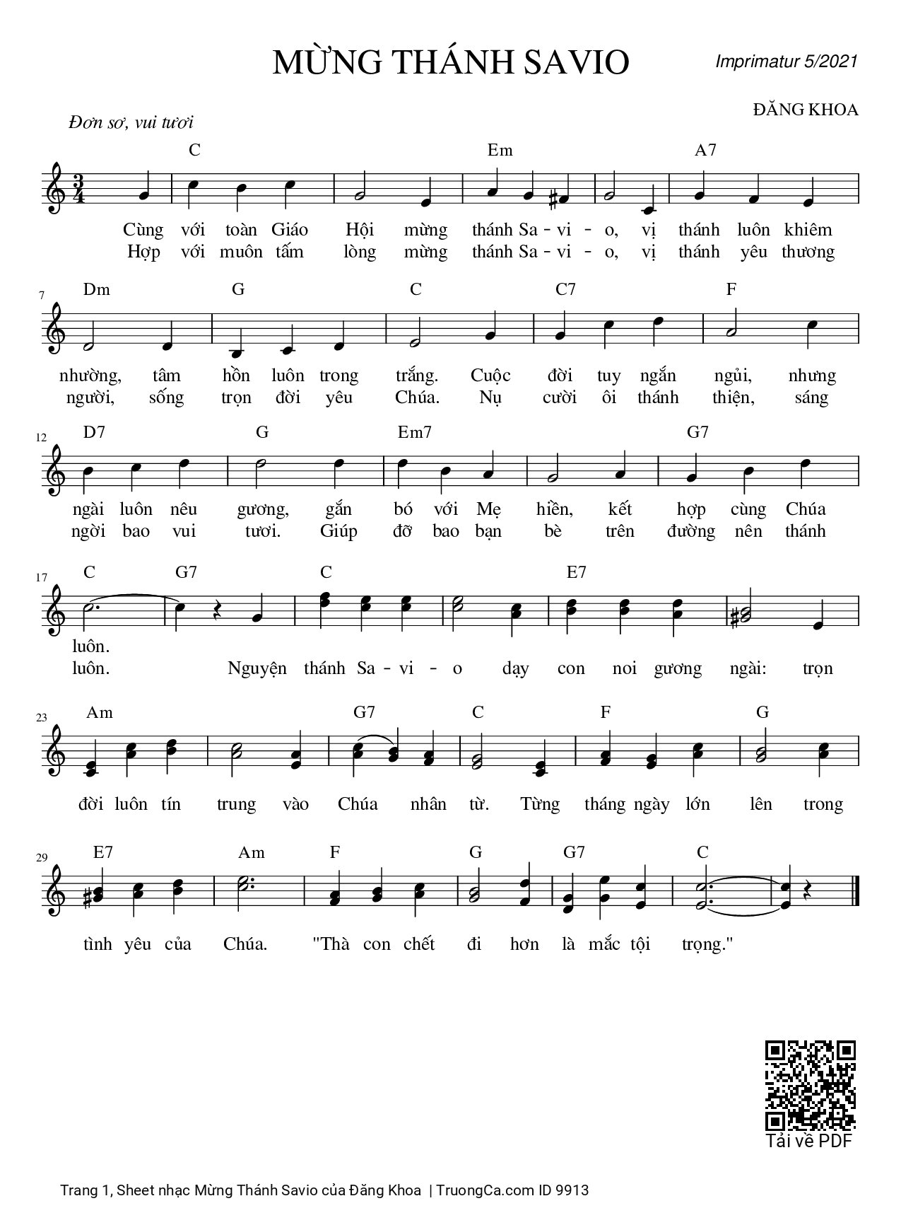 Sheet PDF of Mừng Thánh Savio