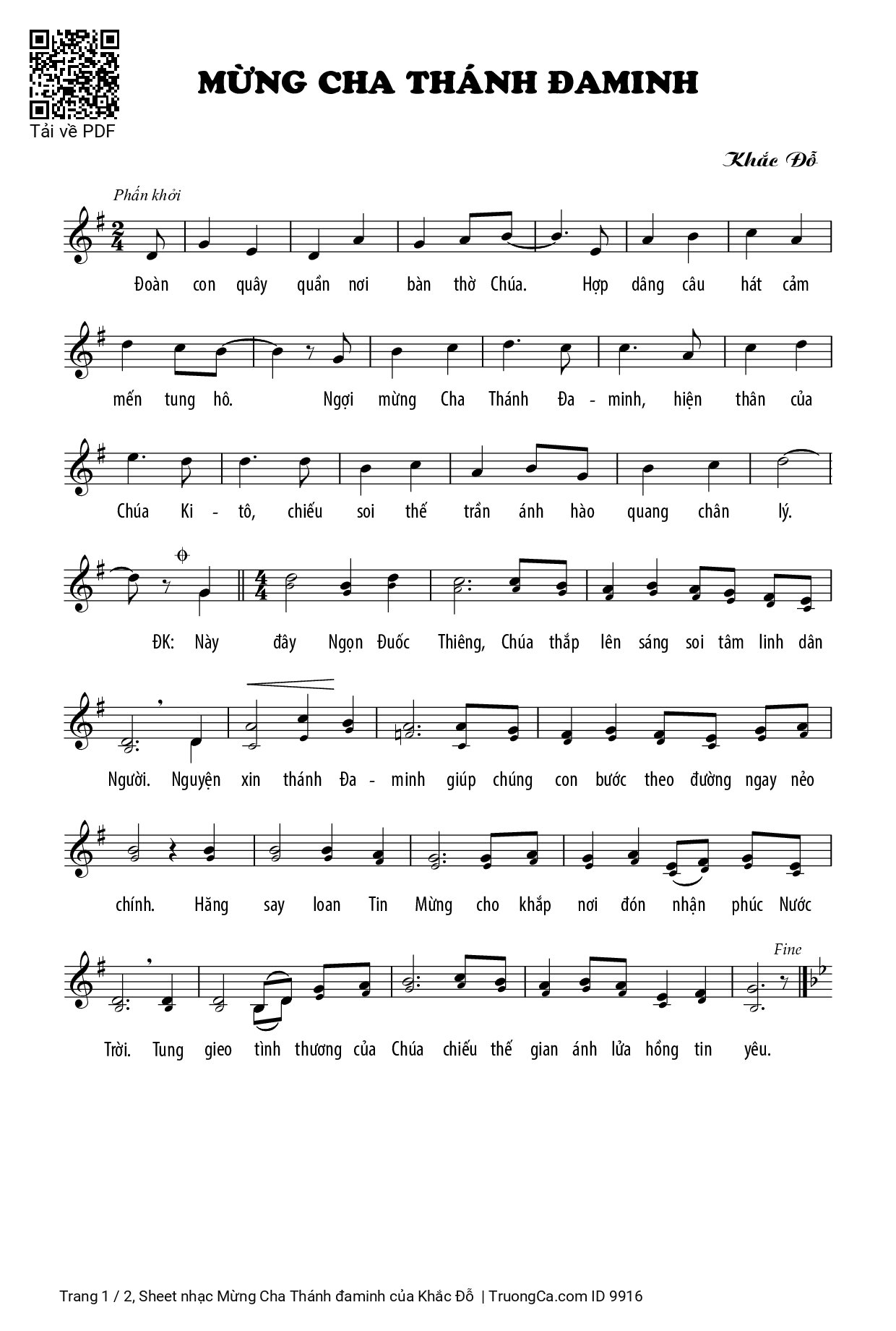Page 1 of Sheet music PDF Mừng Cha Thánh đaminh - Khắc Đỗ