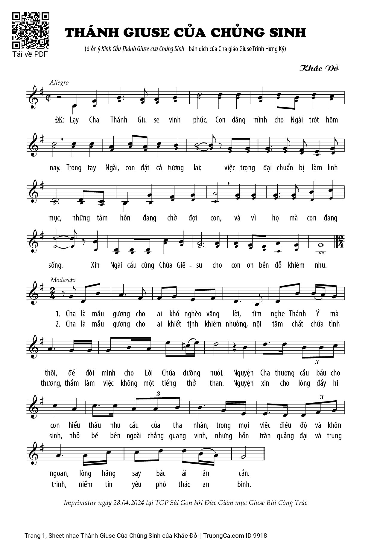 Page 1 of Sheet music PDF Thánh Giuse Của Chủng Sinh - Khắc Đỗ