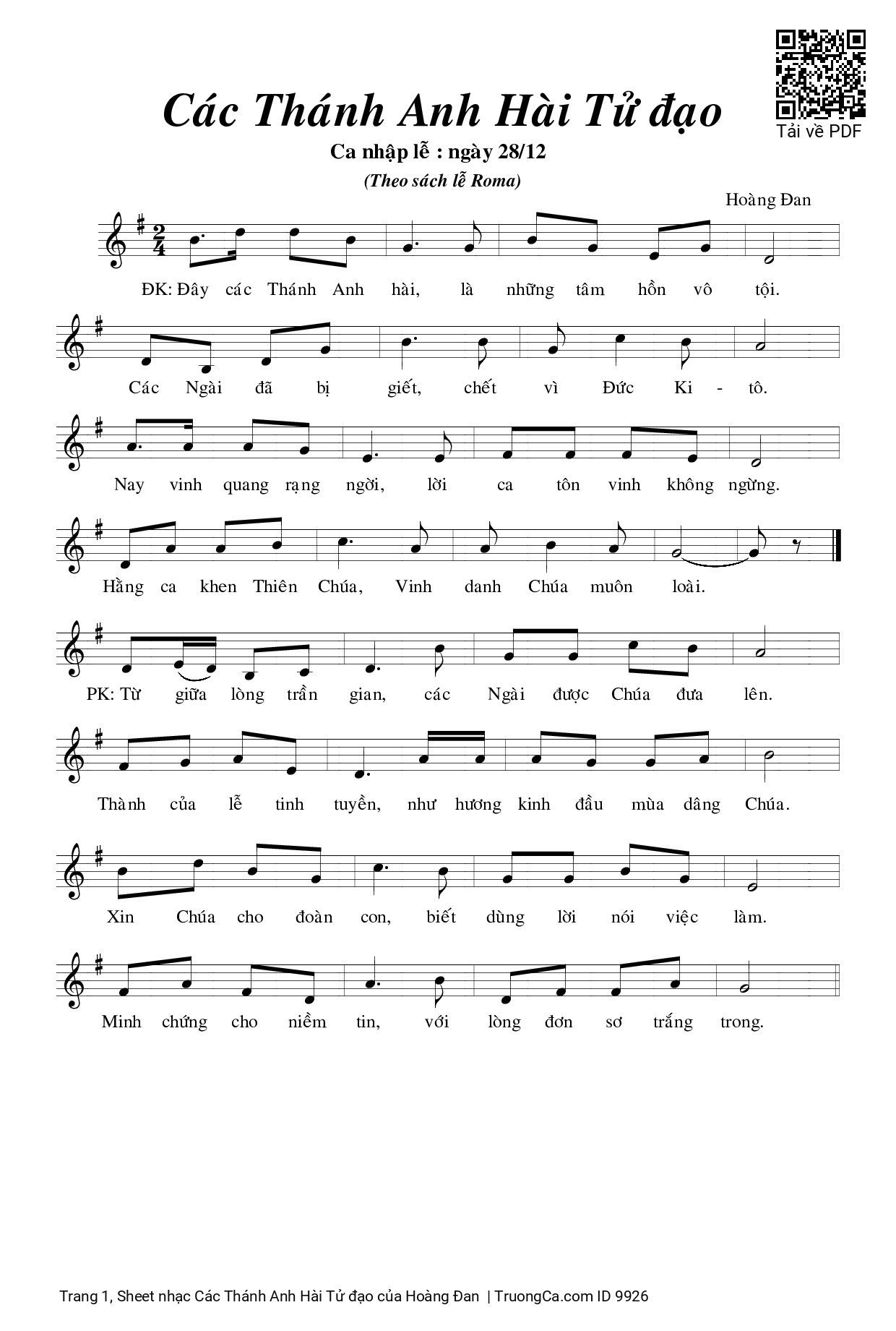 Page 1 of Sheet music PDF Các Thánh Anh Hài Tử đạo - Hoàng Đan