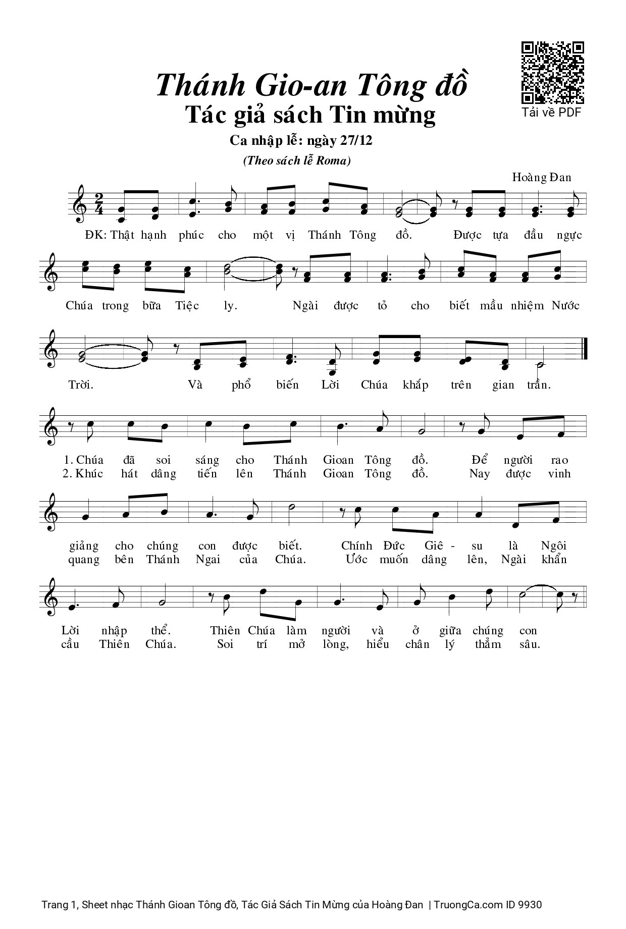 Sheet PDF of Thánh Gioan Tông đồ, Tác Giả Sách Tin Mừng