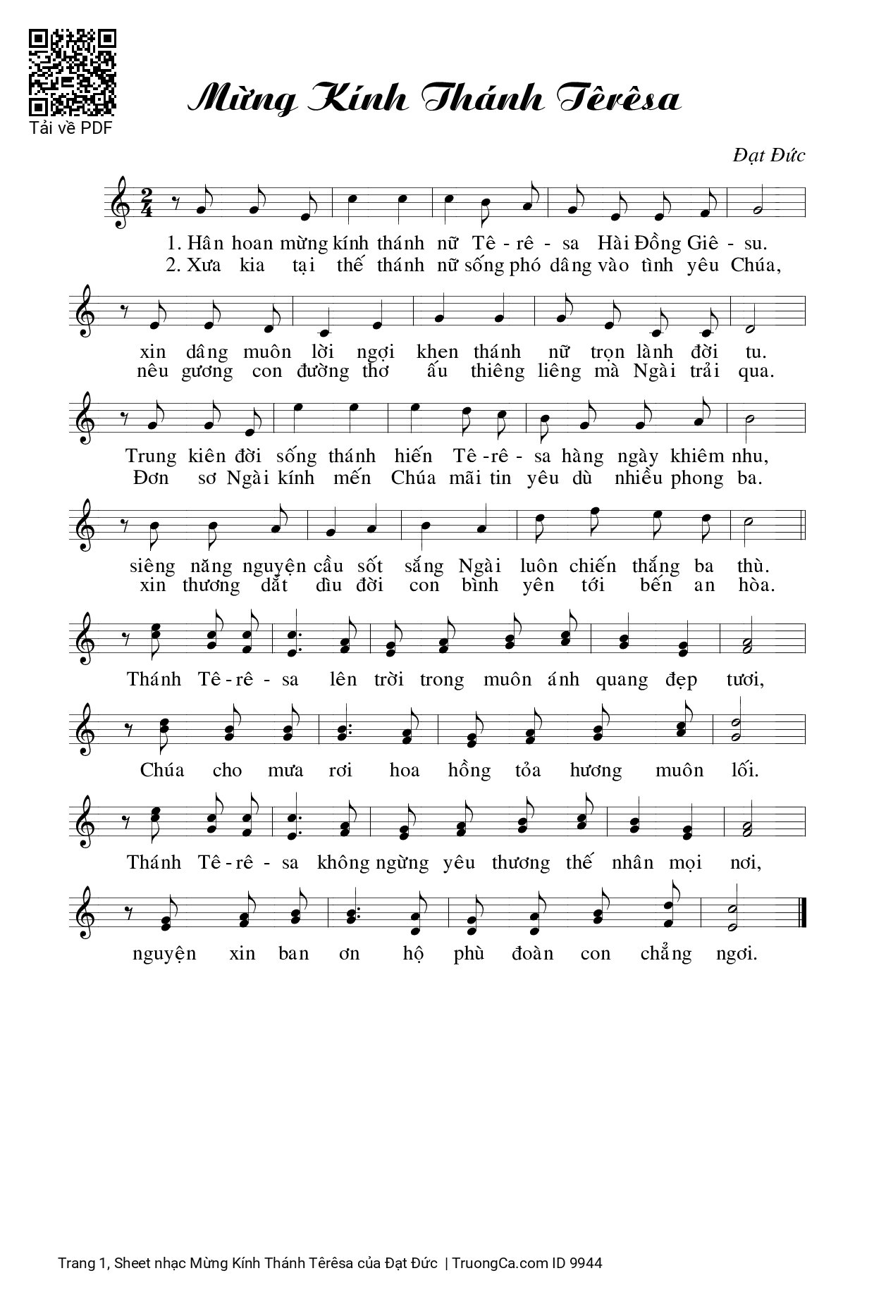 Sheet PDF of Mừng Kính Thánh Têrêsa