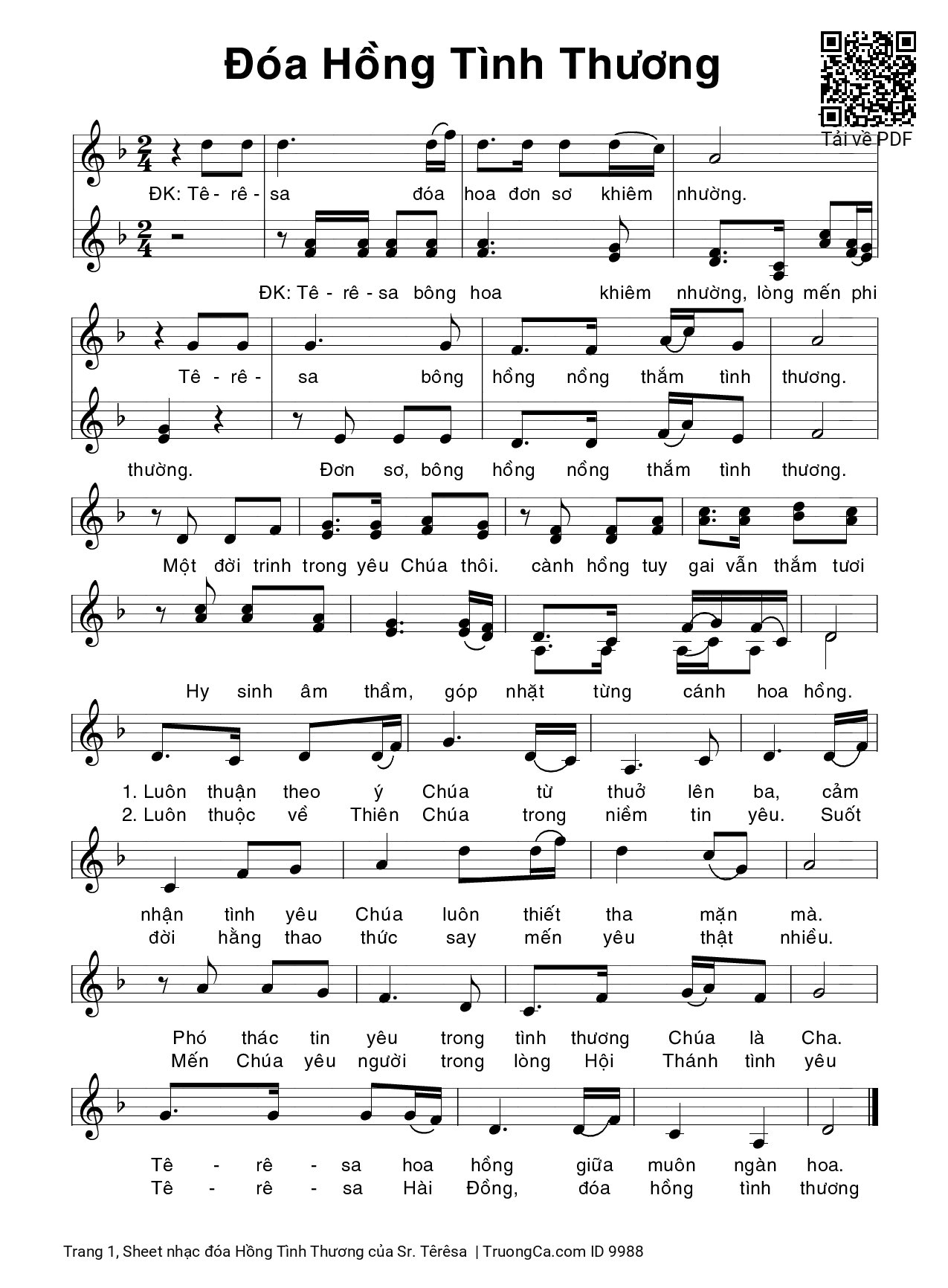 Page 1 of Sheet music PDF đóa Hồng Tình Thương - Sr. Têrêsa