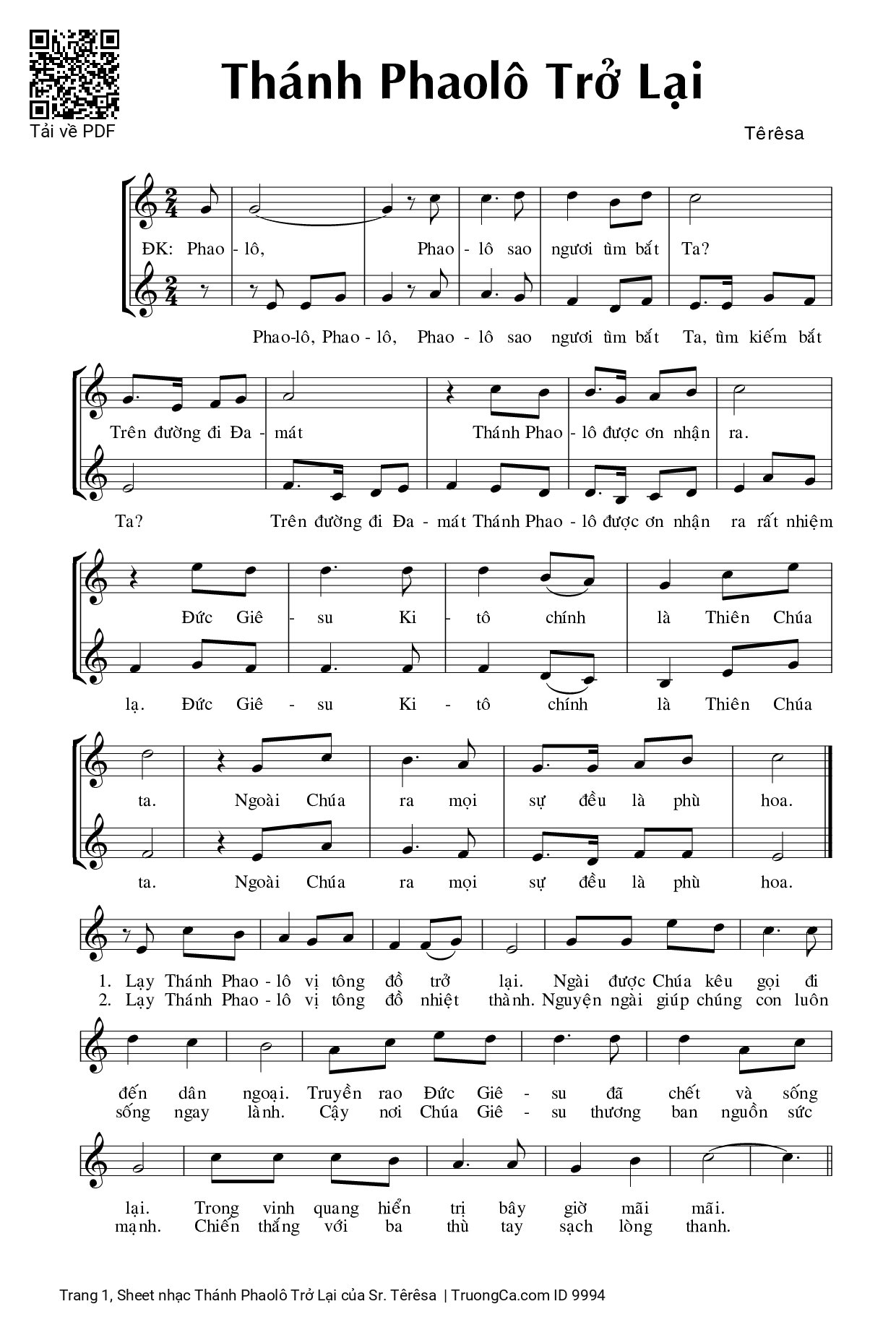Page 1 of Sheet music PDF Thánh Phaolô Trở Lại - Sr. Têrêsa