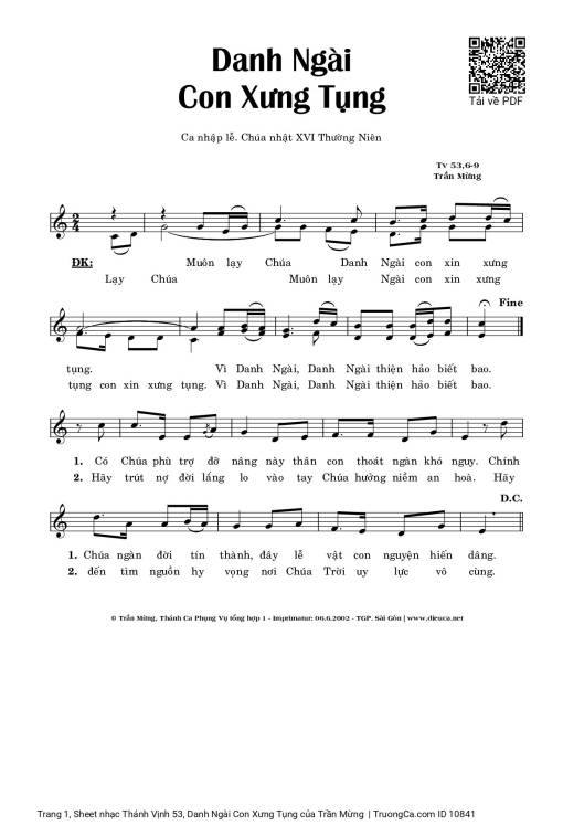 Sheet PDF of Thánh Vịnh 53, Danh Ngài Con Xưng Tụng