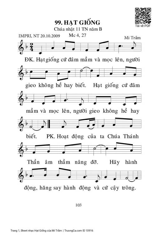 Sheet PDF of Hạt Giống - Mi Trầm
