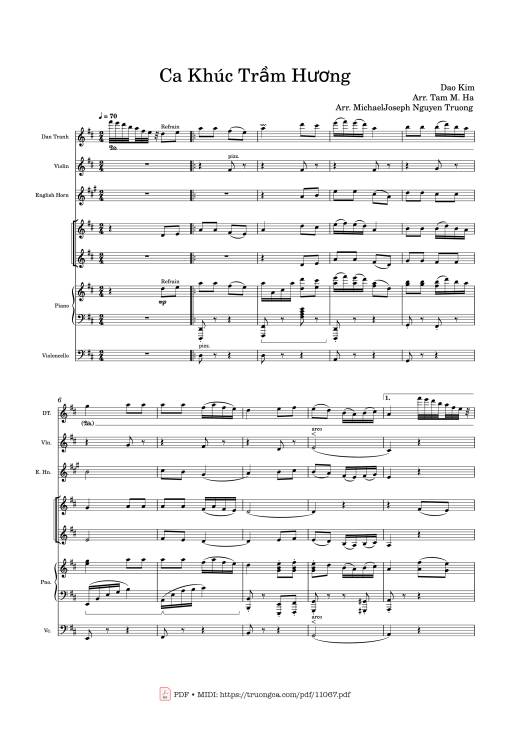 Sheet PDF of Ca Khúc Trầm Hương (Piano x Violin x Đàn Tranh x Ukulele x Cello)