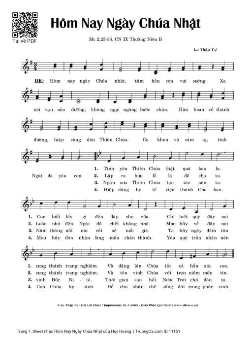 Sheet PDF of Hôm Nay Ngày Chúa Nhật
