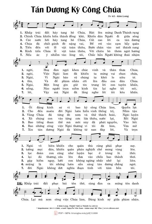 Sheet PDF of Thánh Vịnh 65, Tán Dương Kỳ Công Chúa