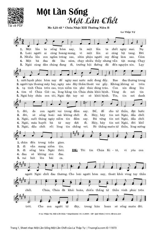 Sheet PDF of Một Lần Sống Một Lần Chết