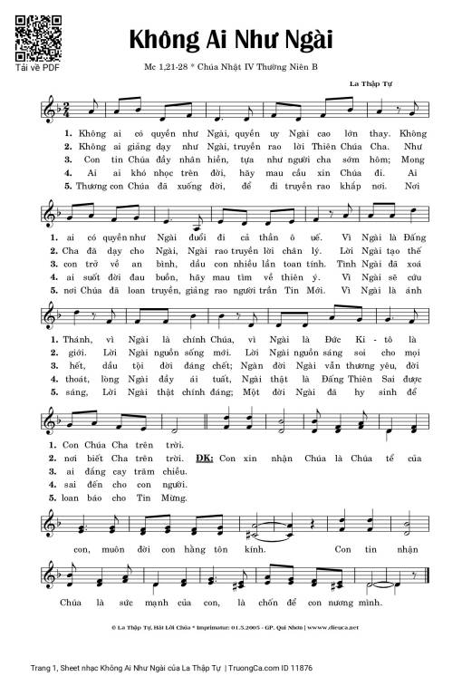 Sheet PDF of Không Ai Như Ngài