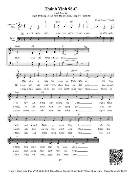 Thánh Vịnh 96, Lễ Kính Thánh Gioan, Tông đồ Thánh Sử. 27.12