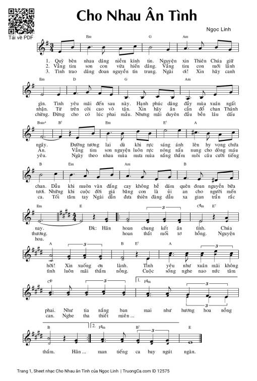 Sheet PDF of Cho Nhau ân Tình