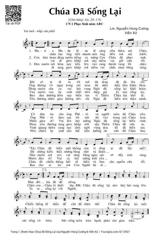 Sheet PDF of Chúa đã Sống Lại