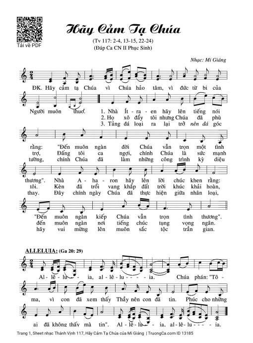 Sheet PDF of Thánh Vịnh 117, Hãy Cảm Tạ Chúa
