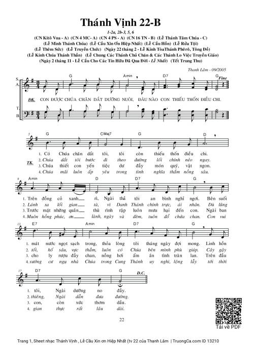 Sheet PDF of Thánh Vịnh , Lễ Cầu Xin ơn Hiệp Nhất (tv 22