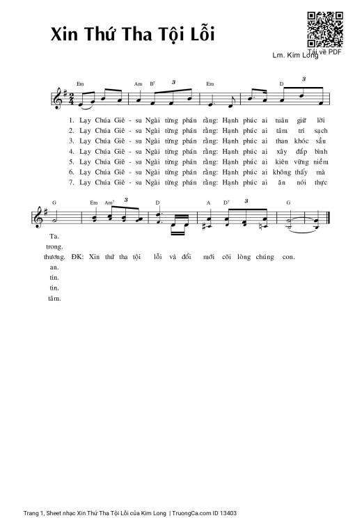 Sheet PDF of Xin Thứ Tha Tội Lỗi