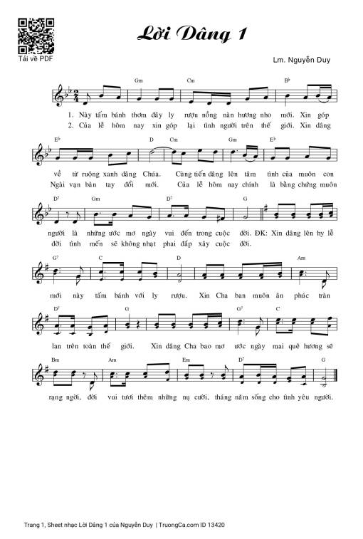 Sheet PDF of Lời Dâng 1 - Nguyễn Duy