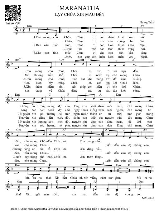 Sheet PDF of Maranatha Lạy Chúa Xin Mau đến