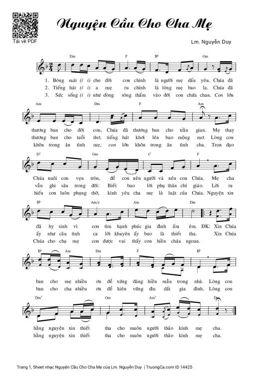 Sheet PDF of Nguyện Cầu Cho Cha Mẹ