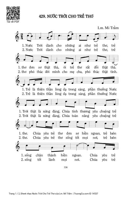 Sheet PDF of Nước Trời Cho Trẻ Thơ