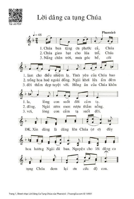 Sheet PDF of Lời Dâng Ca Tụng Chúa