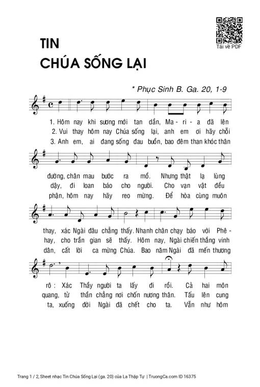 Sheet PDF of Tin Chúa Sống Lại (ga. 20)