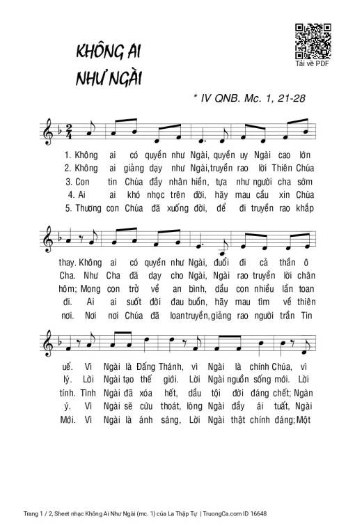 Sheet PDF of Không Ai Như Ngài (mc. 1)