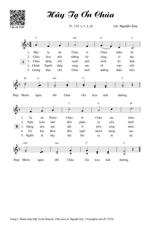 Sheet PDF of Hãy Tạ ơn Chúa (tv 135)