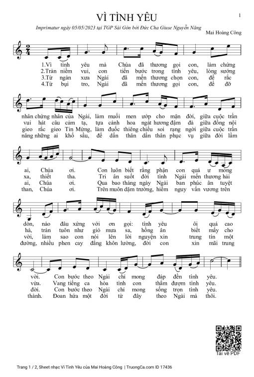 Sheet PDF of Vì Tình Yêu - Mai Hoàng Công
