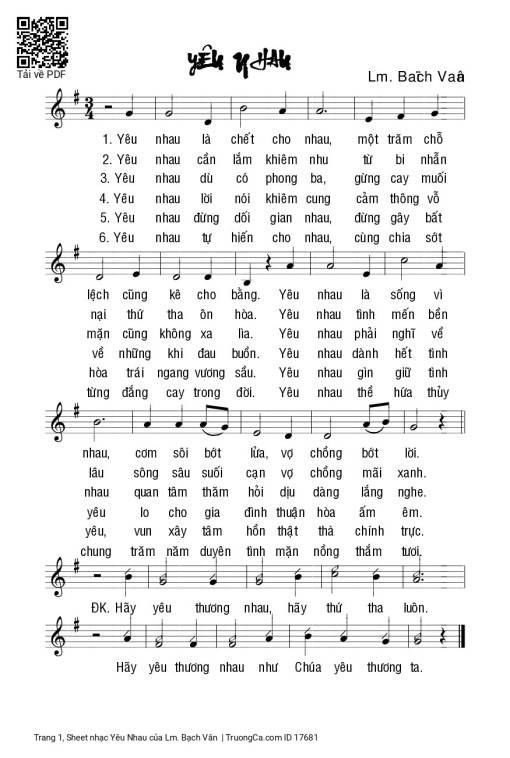 Sheet PDF of Yêu Nhau - Lm. Bạch Vân