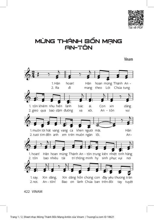 Sheet PDF of Mừng Thánh Bổn Mạng Antôn
