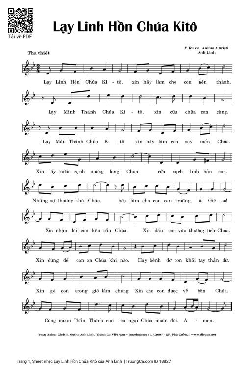 Sheet PDF of Lạy Linh Hồn Chúa Kitô