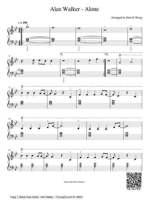 Sheet PDF of Alone (Alan Walker) sheet Piano easy