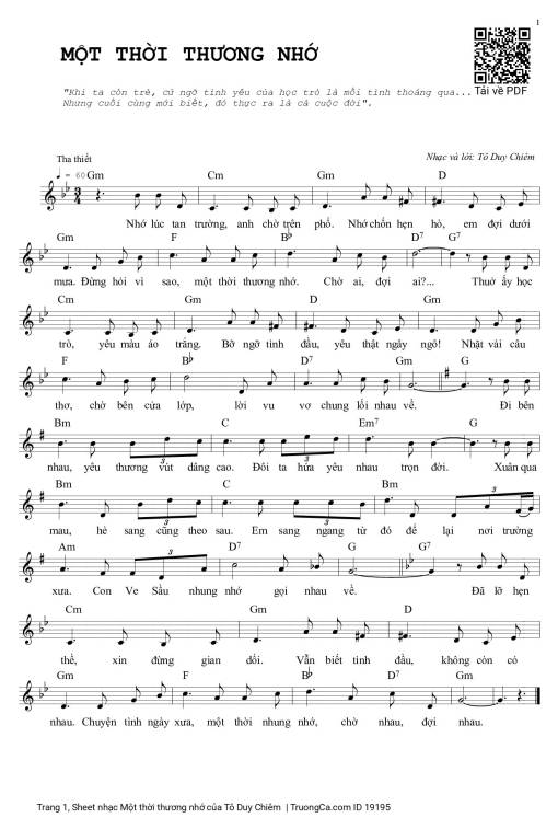 Sheet PDF of Một thời thương nhớ