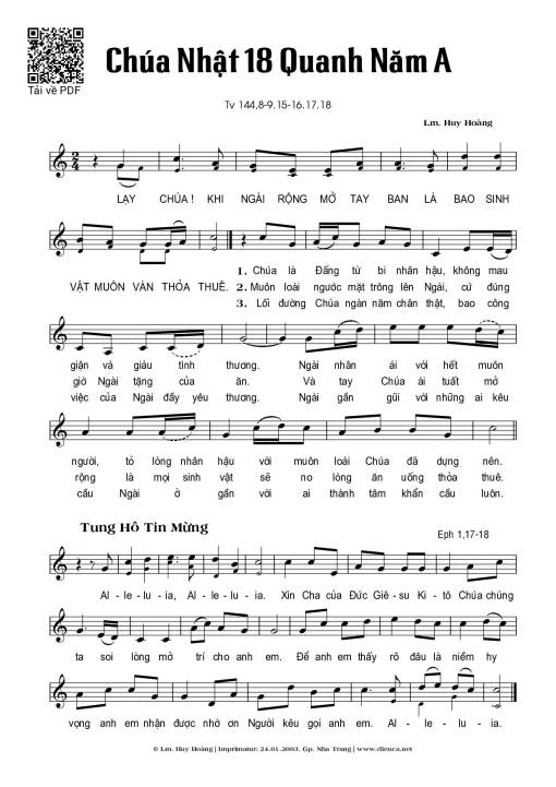 Sheet PDF of Thánh Vịnh 144, Chúa Nhật 18A Thường Niên
