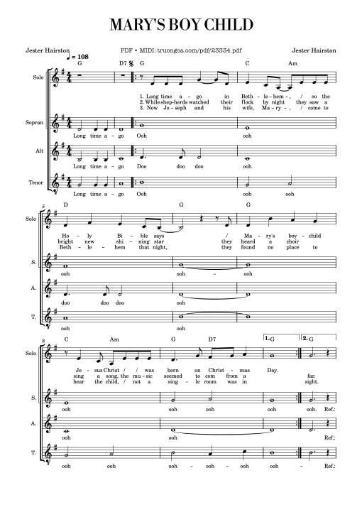 Sheet PDF of Mary's Boy child (Đi tìm Chúa Tôi, bè)