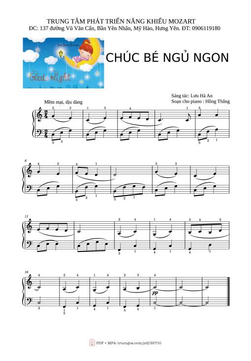 Chúc bé ngủ ngon Sheet Piano Dễ