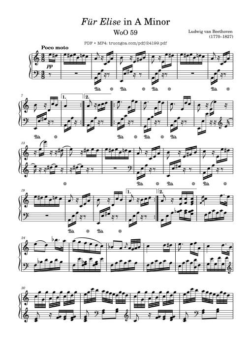 Sheet PDF of Für Elise in A Minor Sheet Piano