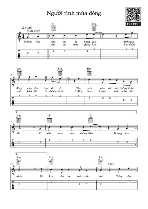 Sheet PDF of Người tình mùa đông Sheet Guitar TAB
