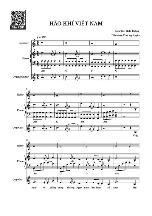 Sheet PDF of HÀO KHÍ VIỆT NAM Piano, Recorder, Synthesizer