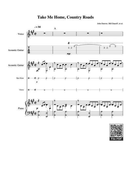 Sheet PDF of Take Me Home, Country Roads Piano